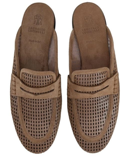 Brunello Cucinelli Brown Perforated Net Flat Mules