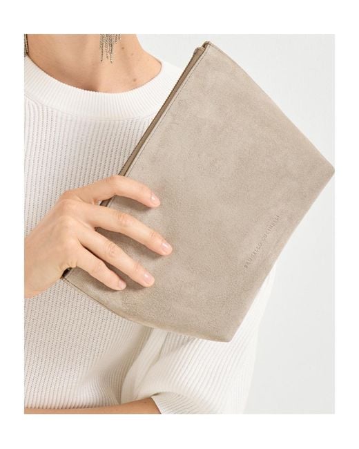 Brunello Cucinelli White Suede Pouch With Shiny Zipper Pull