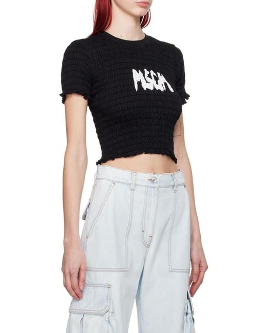 MSGM Black Logo-Printed Smocked Cropped Top
