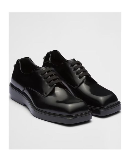 Prada Black Brushed Leather Derby Shoes for men