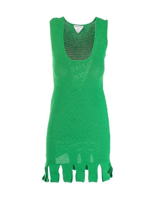 Bottega Veneta Green Open-Knit Fringed-Hem Dress