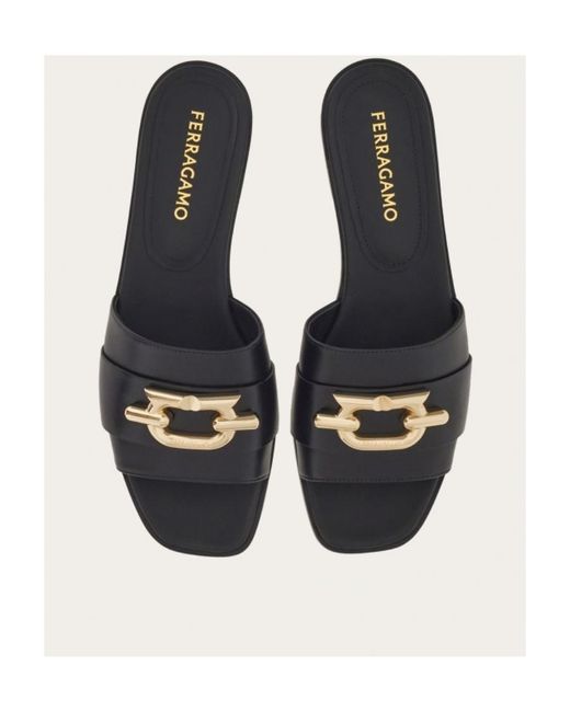 Ferragamo Black Square Head Slippers
