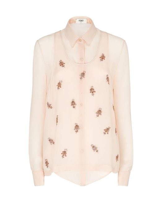 Fendi Natural Floral Embellished Long-Sleeved Top