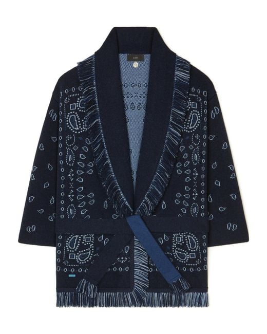 Alanui Blue Paisley-Jacquard Fringe Coat