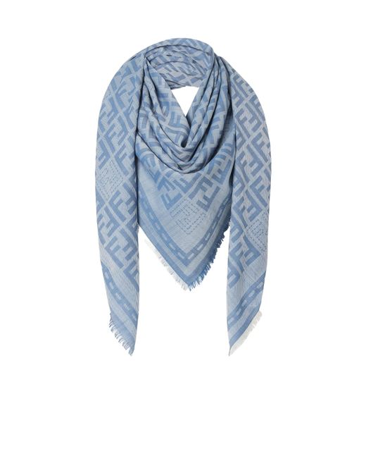 Fendi Blue Ff Printed Frayed-Edge Scarf