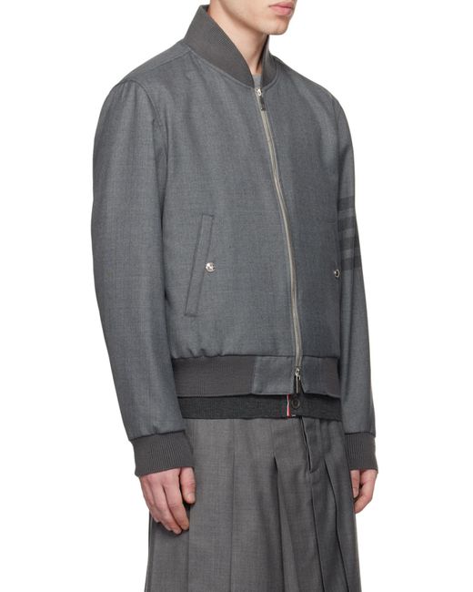 Thom Browne Gray Bar Zipped Bomber Jacket for men