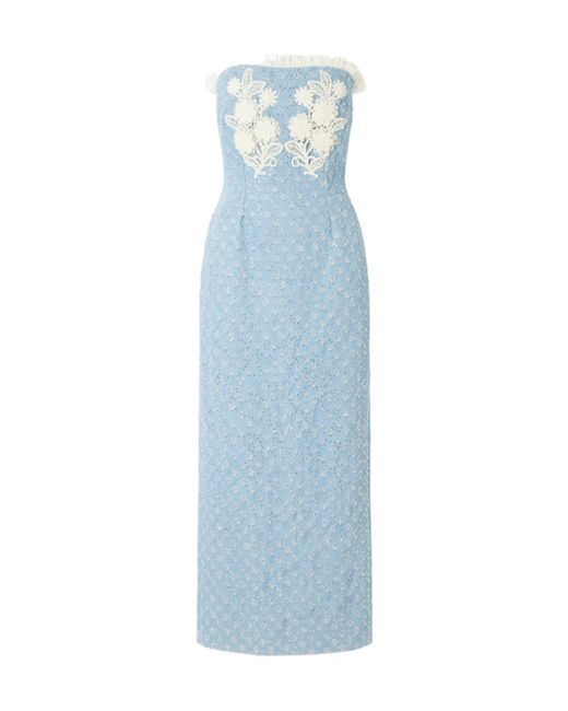 Rodarte Blue Appliquéd Sequin-Embellished Lace-Trimmed Denim Midi Dress