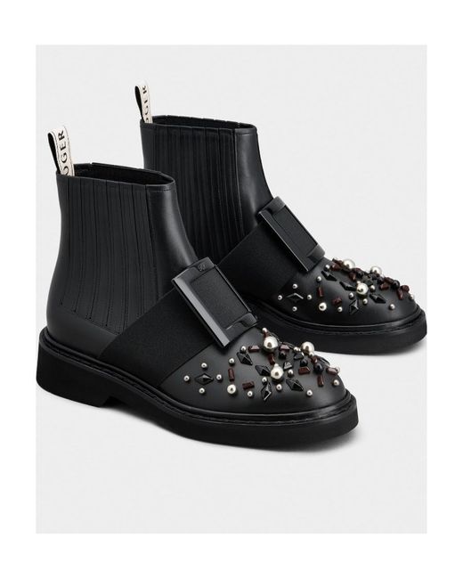 Roger Vivier Black Viv' Rangers Studs Lacquered Buckle Chelsea Ankle Boots