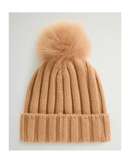 Woolrich Natural Logo Patch Pompom Detailed Beanie