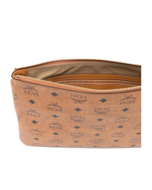 MCM Brown Logo Patterned Zipped Clutch Bag