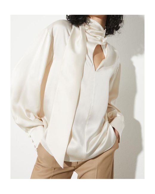 MAX&Co. White Scarf-Detailed Silk-Satin Blouse