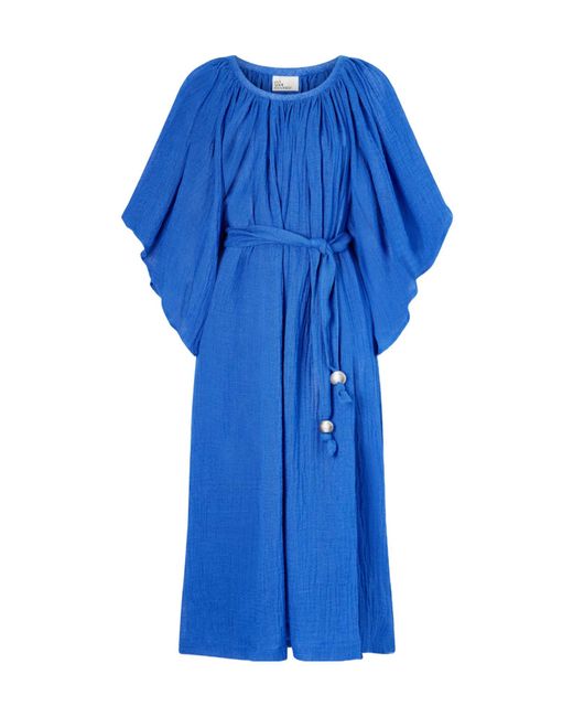 Lisa Marie Fernandez Blue Embellished Belted Crinkled Linen-Blend Gauze Midi Dress