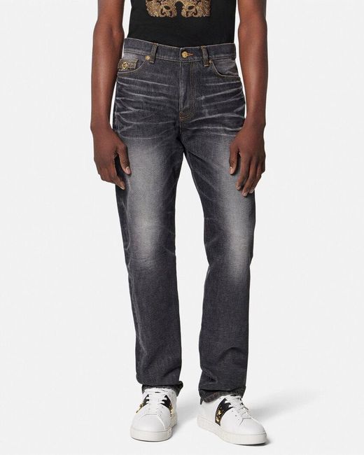 Versace Gray Logo-Patch Straight-Leg Jeans for men