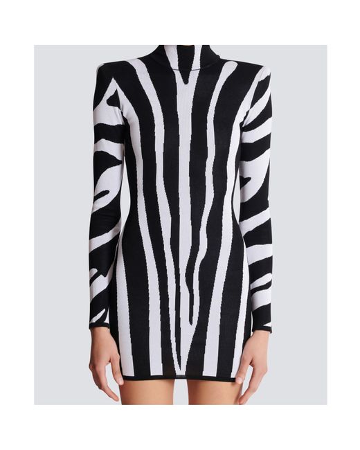 Balmain Black Short Knit Dress With Zebra Intarsia
