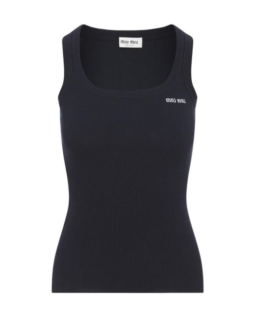 Miu Miu Black Logo-Embroidered Ribbed-Knit Tank Top