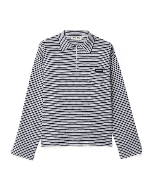 Miu Miu Gray Striped Zip Polo Knitted Top