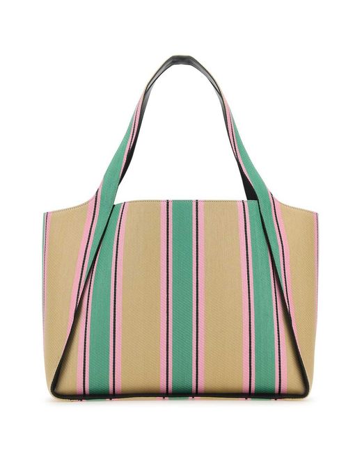 Stella McCartney Green Striped Logo Embellished Tote Bag