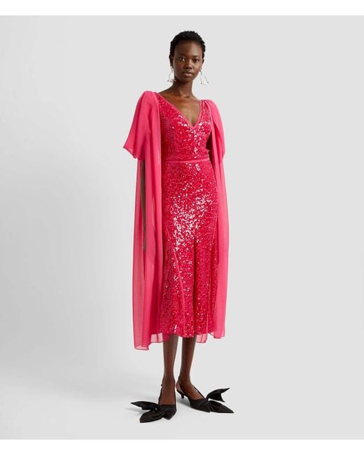Erdem Red Drape-Shoulder Sequinned Midi Dress