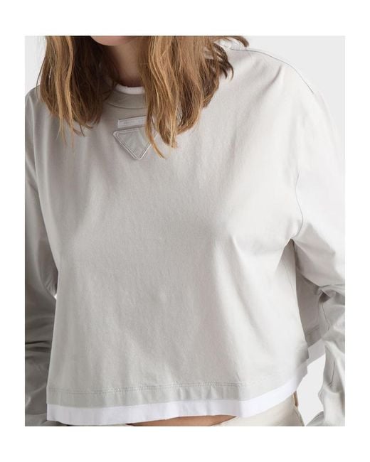 Prada White Girocollo Cropped Long-Sleeve T-Shirt
