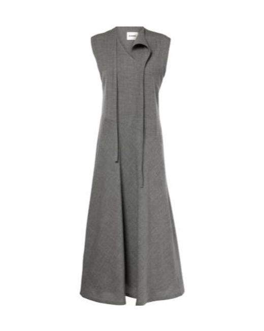 Jil Sander Gray Tie-Neck Virgin Wool Canvas Midi Dress