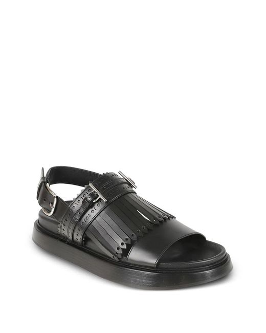 McQueen Black T-Bar Fringed-Detail Sandals