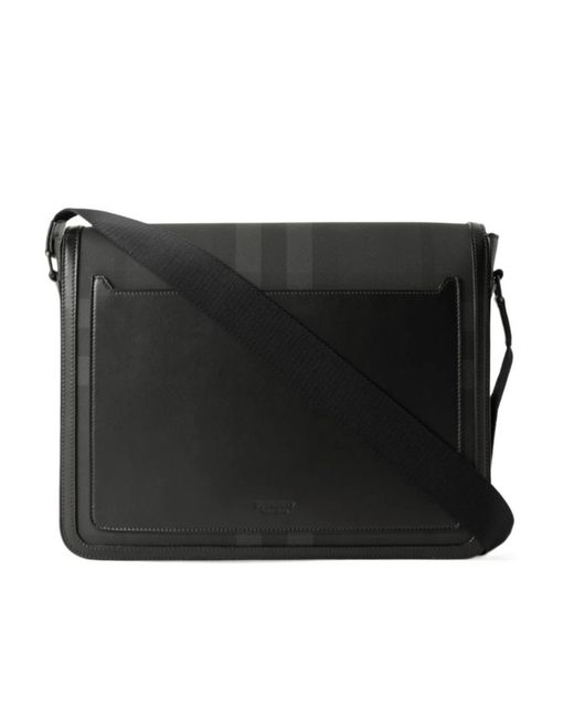 Burberry Black Check-Pattern Logo Plaque Messenger Bag for men