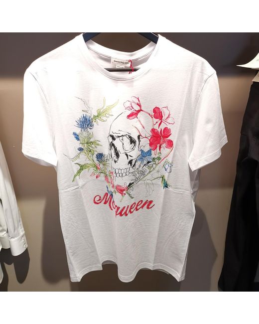 McQueen White Deconstructed Floral Skull T-Shirt for men