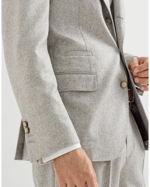 Brunello Cucinelli Gray Silk And Cashmere Cavalry Tweed Deconstructed Blazer With Large Peak Lapels for men