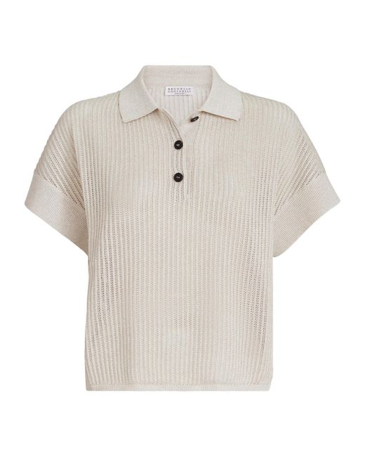 Brunello Cucinelli White Ribbed Polo Top