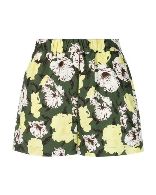 MSGM Green Floral Printed High Waist Shorts