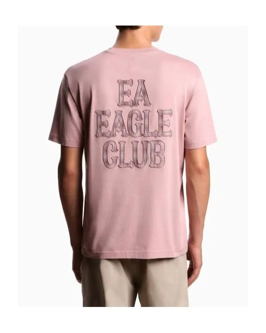 Emporio Armani Pink Pure Cotton Fitted Short-Sleeved Round Neck Plaid Appliqué Embroidered T-Shirt for men