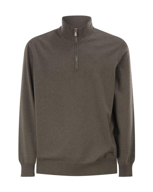 Brunello Cucinelli Brown Funnel-Neck Knitted Polo Shirt for men