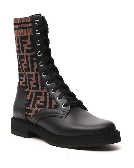 Fendi Black Leather Biker Boots With Stretch Fabric