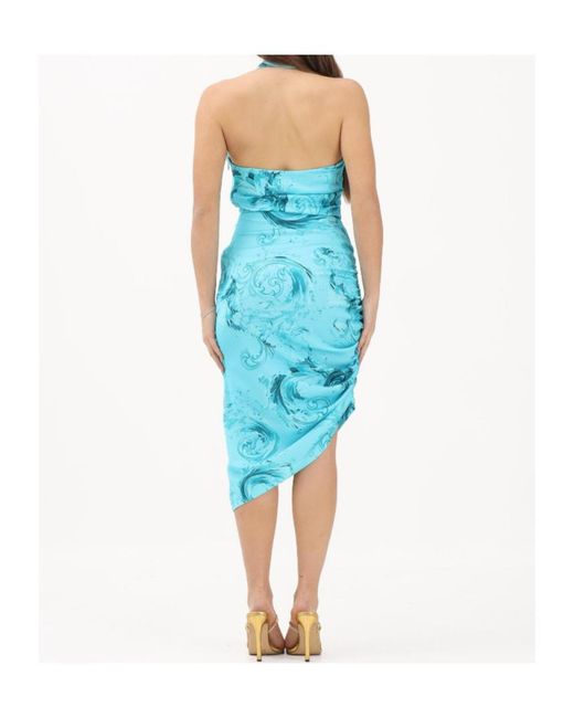 Versace Jeans Blue Couture Baroque One-Shoulder Dress