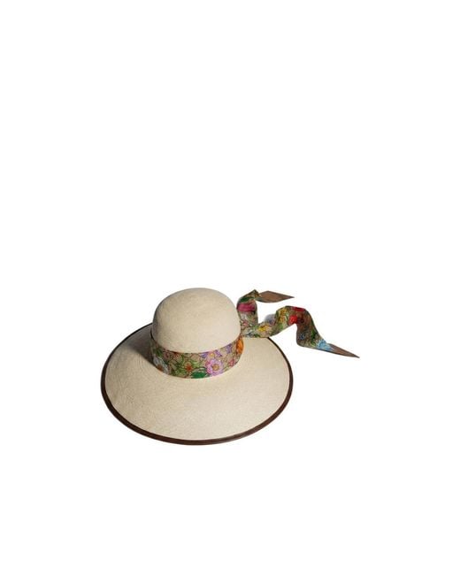 Gucci White Panama Twill Hat With Silk Ribbon