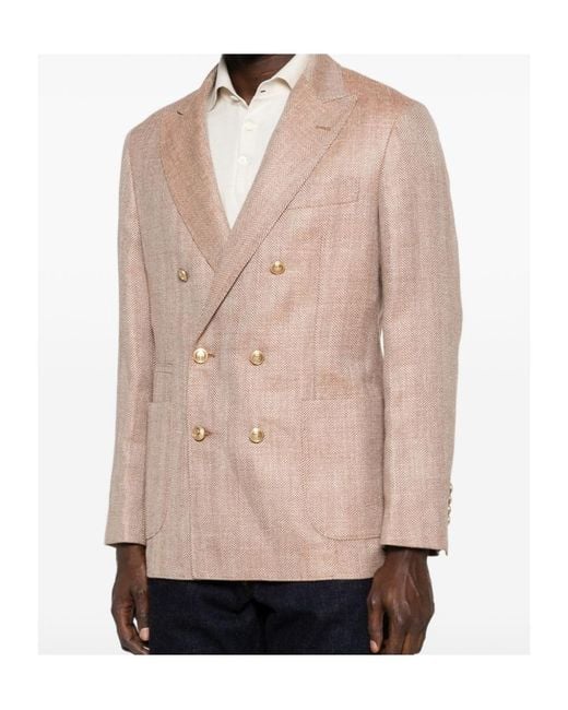 Brunello Cucinelli Natural Herringbone Double-Breasted Jacket for men