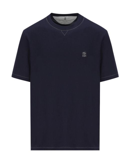 Brunello Cucinelli Blue Logo Embroidered Crewneck T-Shirt for men