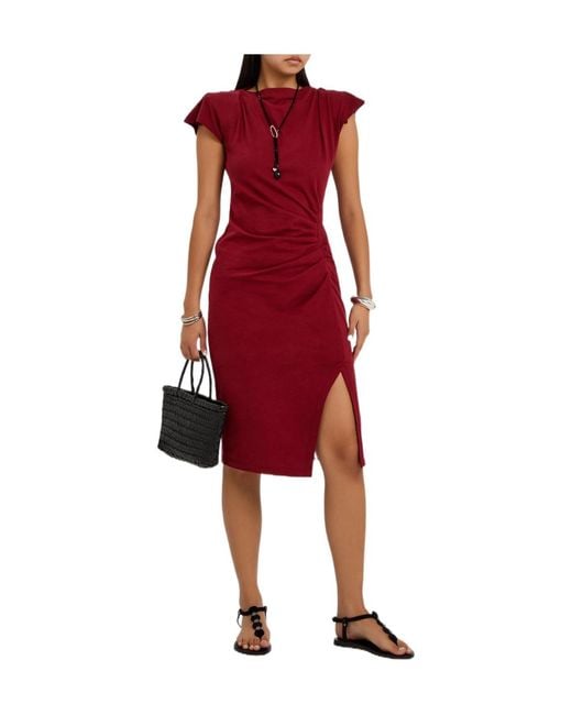 Isabel Marant Red Ruched Cotton Midi Dress