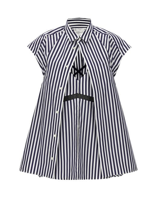 Sacai Blue Striped Poplin Sleeveless Shirt