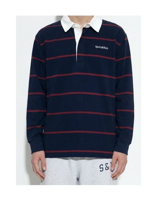 Sporty & Rich Blue Logo Stripe Long Sleeve Polo Shirt for men