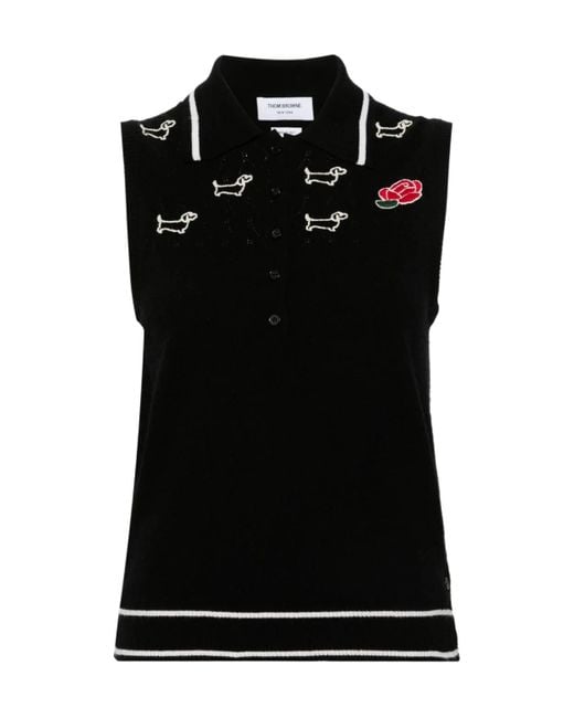 Thom Browne Black Hector-Embroidered Knitted Polo Top