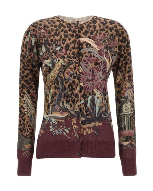 Etro Brown Leopard-Print Floral-Intarsia Cardigan