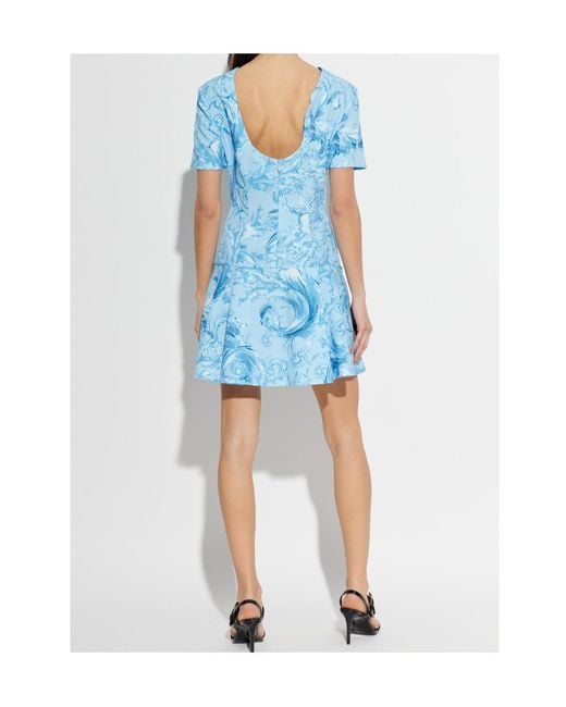 Versace Jeans Blue Couture Baroque Printed Crewneck Mini Dress
