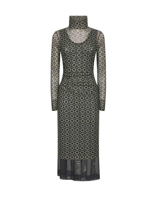 Dries Van Noten Gray High-Neck Long-Sleeved Gathered Dress