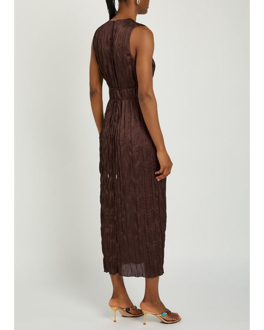Staud Brown Belted Plissé Midi Dress