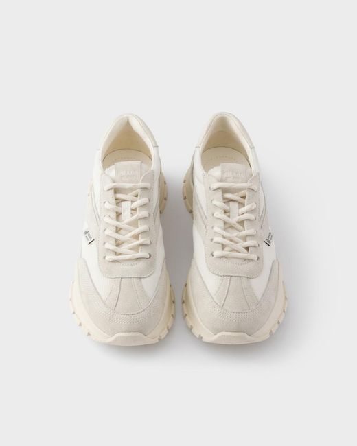 Prada White Mesh Fabric And Suede Sneakers