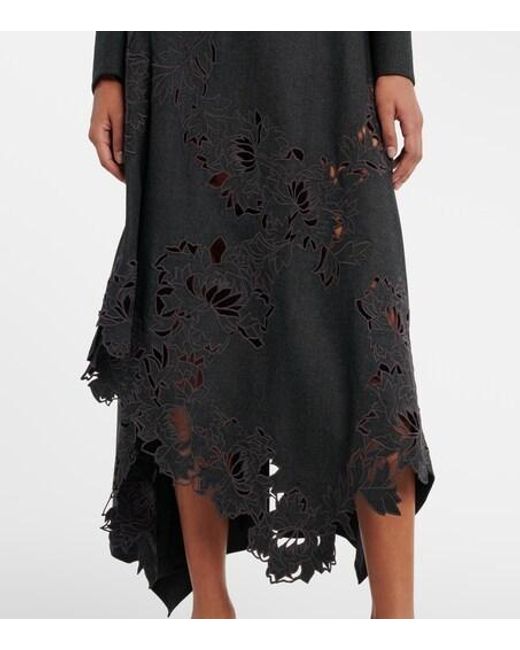 Oscar de la Renta Black Peony Asymmetric Wool Midi Dress