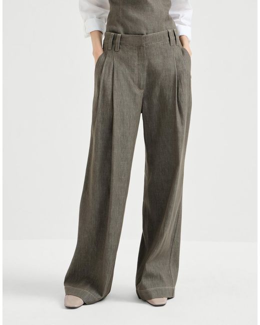 Brunello Cucinelli Gray Denim-Effect Pleated Trousers