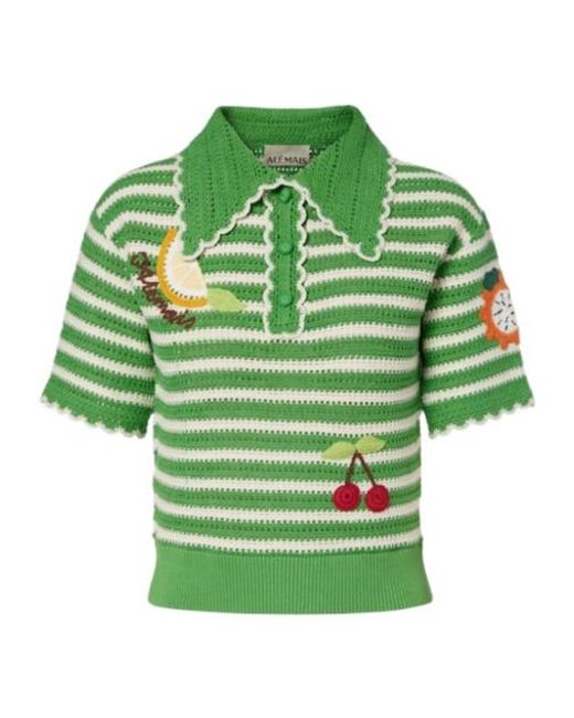 ALÉMAIS Green Striped Cotton Polo Shirt