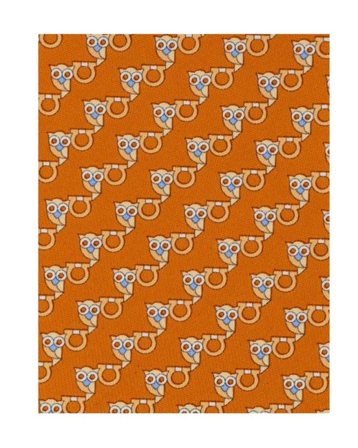 Ferragamo Orange Owl-Print Tie for men